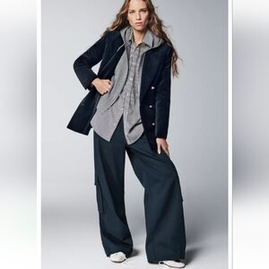 Zara Zw Collection Navy Blue Wide Leg High Rise Full-Lenght Cargo Pants Sz-M